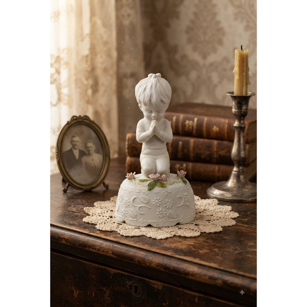 Roman Inc Touch of Rose Praying Boy Porcelain Music Box White Bisque Figurine